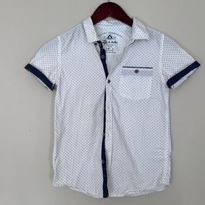 White 100% cotton with polka dots button down shirt with short sleeve. Size 9/10